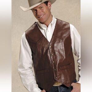 Saguaro by Roper Western Vest Men's Size L Leather Brown Snap Button Rodeo